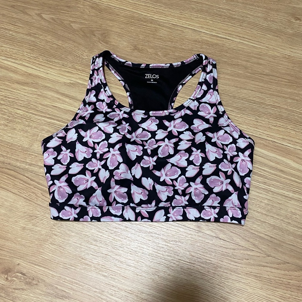 ZELOS Women's Black and Pink Floral Sports Bra